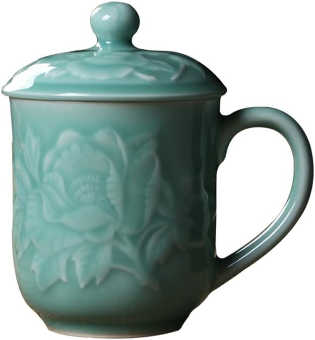 Teacups 13oz Coffee Mugs with Lid Porcelain Cups Embossed with Peony Chinese Celadon(01-Sky Blue)