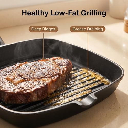 Cast Iron Grill Pan, 9 inch Griddle Pan Skillet with Wooden Handle, Kitchen Tong & Oil Brush included