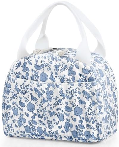 TESAFNG Lunch Bag - Insulated Lunch Box for Women, Reusable Large Capacity Cooler Bag for Adult, Small Leakproof Cute Corduroy Lunch Tote for Work Office Travel Picnic (Corduroy Light Blue-Flower)