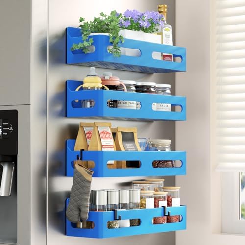 Sevenblue 4-Pack Magnetic Spice Rack for Refrigerator with Hooks, Blue