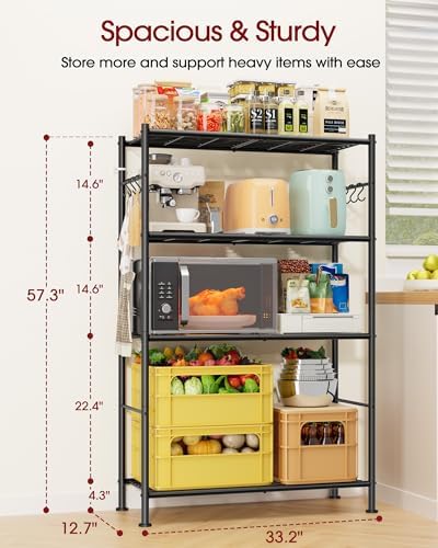 Sakugi 4-Tier Storage Shelves with 6 Hooks, 33.2" x 12.7" x 57.3", Black