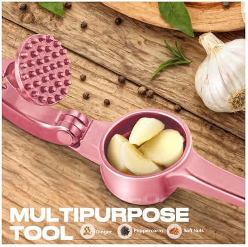 Kitchen Garlic Press, Rust Proof & Dishwasher Safe Garlic Mincer, Durable Garlic Crusher Set with Peeler＆Brush, Easy to Clean and Squeeze, Rose