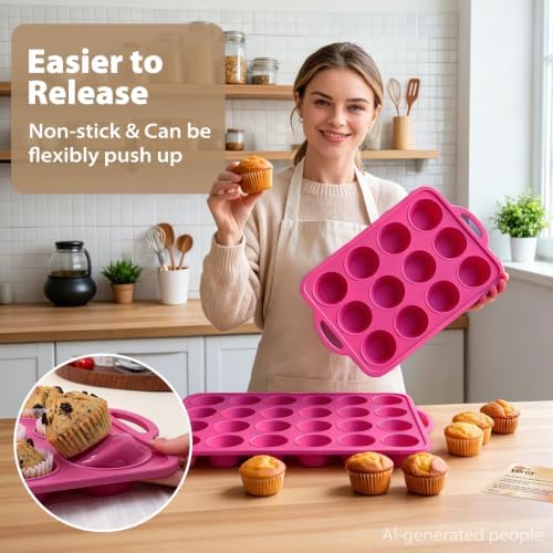 Silicone Mini Muffin Tin Set: 12 & 24 Small Cupcake Baking Tin with Frame