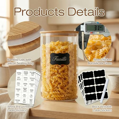 79oz Tall Glass Pasta Storage Containers with Airtight Bamboo Lids, 3 Pack