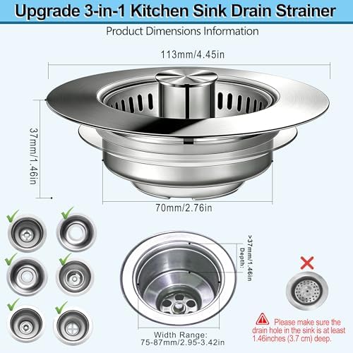 Upgraded 3-in-1 Pop-Up Kitchen Sink Drain Strainer Stopper