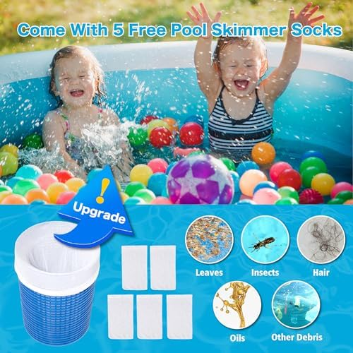 Above Ground Pool Skimmer with 5 Skimmer Socks, Wall Mount Surface Skimmer with Hose & Basket, Compatible with Intex Pools, Adjustable Floating Filter, Automatically Removes Leaves & Debris