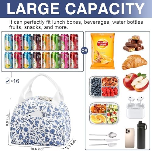 TESAFNG Lunch Bag - Insulated Lunch Box for Women, Reusable Large Capacity Cooler Bag for Adult, Small Leakproof Cute Corduroy Lunch Tote for Work Office Travel Picnic (Corduroy Navy Blue-Flower)