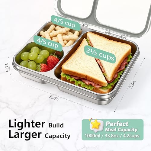 HOMEKOL Stainless Steel Bento Lunch Box 3-Compartment, 4.2Cups, Grey