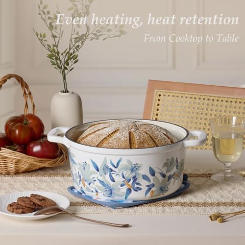 CAROTE 5QT Enameled Floral Cast Iron Dutch Oven Pot with Lid