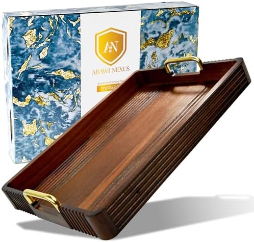 Acacia Wood Serving Tray with Metal Handle, 17x13in Tray for Ottoman