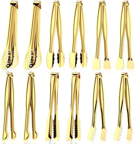 CHENGU 12 Pack Stainless Steel Tongs 6 Inches Food Serving Clip Kitchen Cooking Tongs High Heat Resistant Clips for Non Stick Cooking Grip for Ribs, Steak and Grill Salad