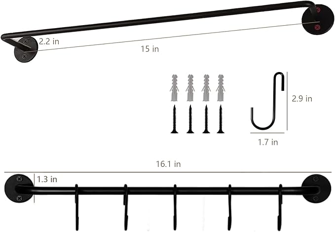 Wall Mounted Coffee Mug Holder - Black Metal Rod with 5 Removable Hooks for Kitchen or Restaurant