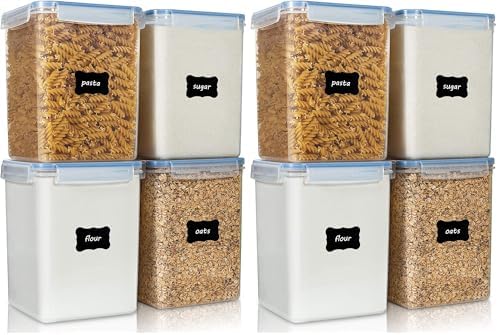 Vtopmart Large Food Storage Containers 5.2L / 175oz, 4 Pieces BPA Free Plastic Airtight Canisters for Flour, Sugar, Baking Supplies, Rice with Lids, 4 Measuring Cups and 24 Labels, Blue (Pack of 2)