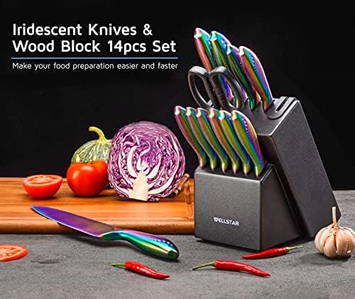 WELLSTAR Rainbow Knife Set 14 Pieces, Iridescent German Stainless Steel Kitchen Knives Set with Wooden Block, Colorful Titanium Coating, Chef’s Knife Block Set with Scissors and Built-in Sharpener