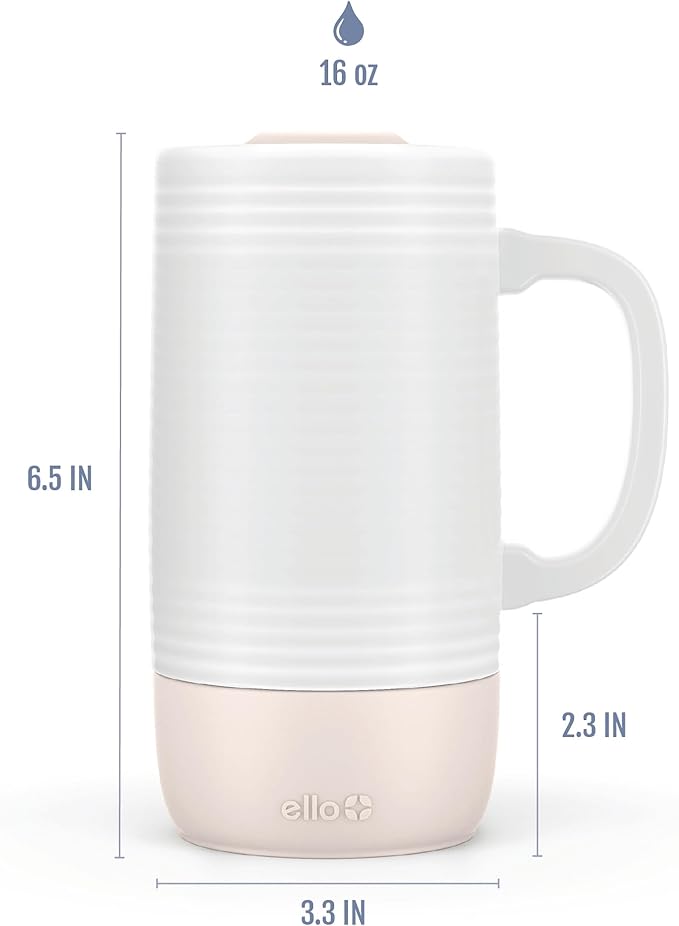 Ello Jane 18oz Ceramic Travel Mug with Handle, Splash-Resistant Slider Lid and Built-in Coaster, Perfect for Coffee and Tea, BPA Free, Dishwasher Safe, Gift for Him Her Mother's Day Birthday, Sandbar