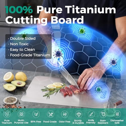Katori Titanium Cutting Board - Upgraded 100% Pure Titanium Cutting Boards for Kitchen Non Toxic, Double Sided Food Grade Hygiene Non Moldy Dishwasher Safe Meat Fruit Metal Board (1PC 8x11.5 Inch)