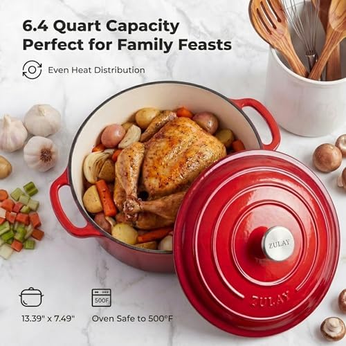 Zulay Kitchen 6.4QT Enameled Cast Iron Dutch Oven Pot with Lid, Heat Pad & Trivet, Heavy-Duty Soup Pot for Stews, Braising, Roasting & Sourdough Bread Baking, Oven Safe up to 500°F - Ablaze Red