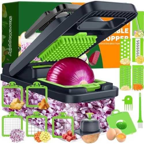 15-in-1 Vegetable Chopper 10 Blades, Veggie Cutter with Handle, Green/Grey