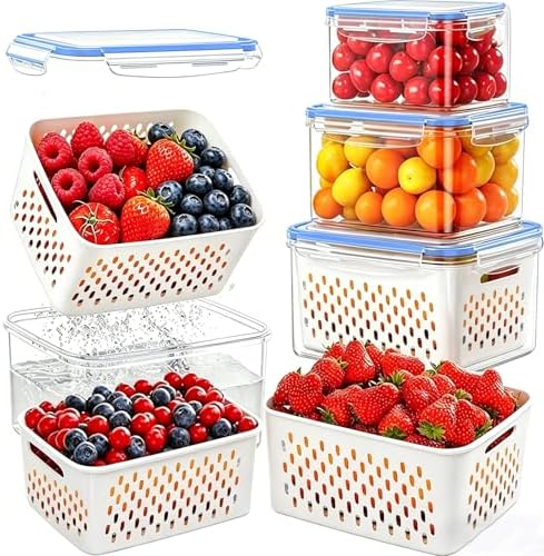 3 Pack Fruit Storage Containers for Fridge with Removable Colander – Airtight Produce Storage Containers with Lids, BPA-Free Berry Keeper for Vegetables, Lettuce & Meal Prep (29oz+59oz+112oz)