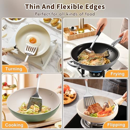 Stainless Steel Spatula, Metal Spatula Solid Turner, Heavy Duty Sturdy Spatulas for Kitchen Use, High Heat Resistant Cooking Utensils for Fish Eggs Pancakes, Dishwasher Safe, Easy to Clean, Silver
