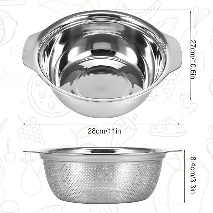 Stainless Steel Microporous Colander for Kitchen, 4QT Large Capacity, Colander and Bowl Set of Two, Stainless Steel Drain Basket with Mixing Bowl, for Washing Fruits and Vegetables
