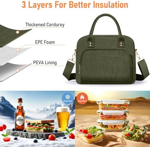 Lunch Bag Large Insulated Lunch Box for Women Men Adult Cute Green Lunchbox Corduroy Lunch Bags Boxes Pail with Adjustable Shoulder Strap for Work Mom Picnic Office Travel 11.4×6.8×9.1 inches 11.5L