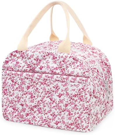 Cotton Quilted Insulated Lunch Bag, Reusable Quilted Floral Lunch Tote Bags