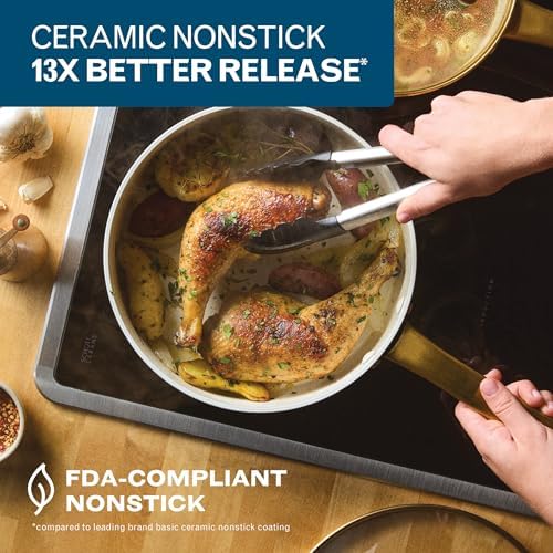 Farberware Forged Induction Ceramic Nonstick Saute Pan/Jumbo Cooker with Lid, Dishwasher Safe, Gold Color Stainless Steel Handle, 3 Quart Sauteuse Pan - Taupe
