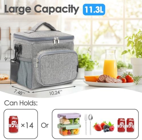FlowFly Insulated Reusable Lunch Bag Adult Large Lunch Box for Women and Men with Adjustable Shoulder Strap,Front Zipper Pocket and Dual Large Mesh Side Pockets,Grey