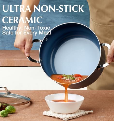 KOCH SYSTEME CS 6 Quart Nonstick Stock Pot with Lid, 6 QT Nonstick Ceramic Stockpot with Stay-Cool Handles, Induction Cooking Pot for Soups, Casserole, Soup Pot, Even Heating, Oven Safe, Gradient Blue