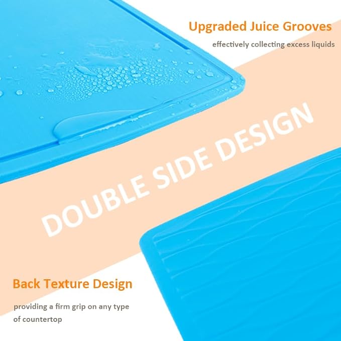 Liflicon Thick Silicone Cutting Boards for Kitchen Silicone Chopping Boards/Mats Set of 2 Extra Large14.6''x10.43'', Mini 9.1”x7.1” Non-slip Deep Drip Juice Groove, Dishwasher Safe-Blue