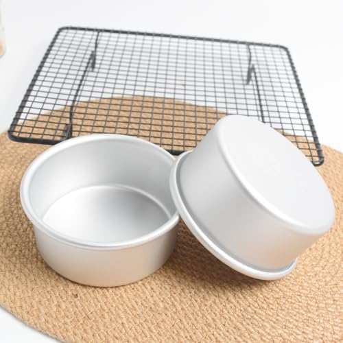 Aluminum smash cake 4 inch round Cake Pan,anodized aluminum 2 inch deep 2 piece,layer cake pan, baking pan For birthday cake, party Silver (4×2 round Cake Pan, Set of 2)
