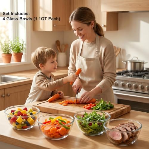 Borosilicate Glass Bowls Set of 4 (6.7 Inch, 1.1 QT) - Heavy-Duty, Scratch Resistant & Lead-Free, Oven to Freezer Safe, Perfect for Meal Prep, Baking, Serving, Entertaining