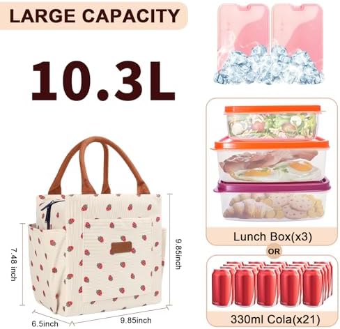 Joymee Lunch Bag Women Insulated Reusable Lunch Box- Corduroy Strawberry