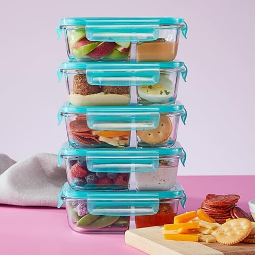 Pyrex Glass Meal Box (5-Pack, 2.3 Cup) Divided Compartments, Locking Lids