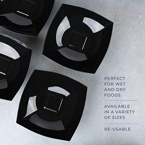 PLASTICPRO Disposable Square Serving Bowls, Party Snack or Salad Bowl, Plastic Black Pack of 4, 64 OUNCE, Black