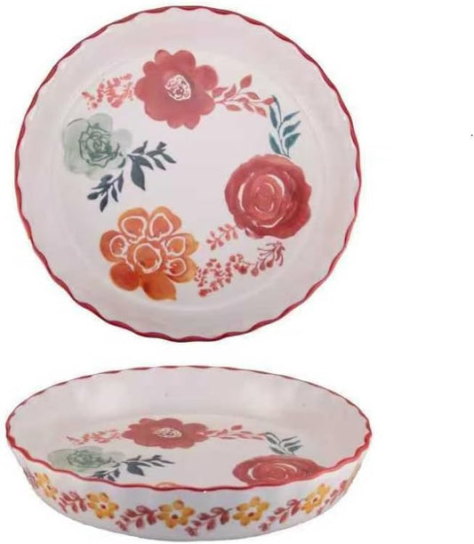 Ceramic Pie Pan Pie Dish for Oven 10 Inch Pie Plate Round Bakeware (Red Lotus)