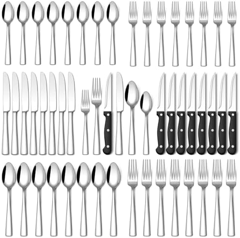 Stapava 48-Piece Silverware Set with Steak Knives, Food-Grade Stainless Steel Flatware Set for 8 Mirror Polished Cutlery Utensil Sets Include Dinner Knives Spoons and Forks Set Dishwasher Safe