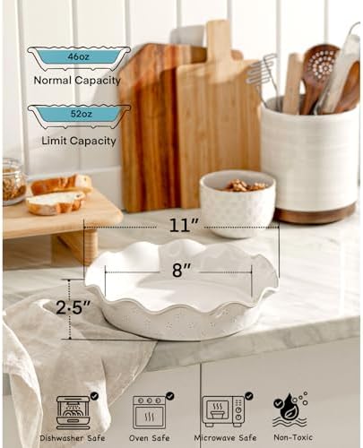 Ceramic Deep Pie Pan for Baking, 11 inch Porcelain Pie Plate for Apple Pie, Oven & Dishwasher Safe, Farmhouse Decor, 48 Ounce Deep Plate for Kitchen, Non-Stick Pie Dish, Embossed Flower