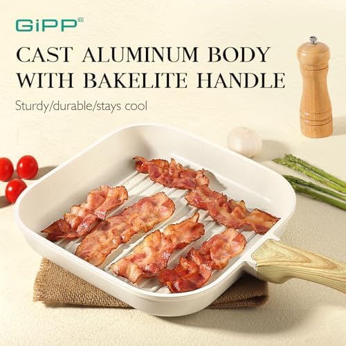 GiPP Nonstick Grill Pan for Stove Tops - 11 Inch Square Grilling Pan for Indoor Cooking & Outdoor Grilling, Non Stick Granite Grill Skillet Steak Pan, PFOA Free, White