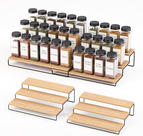 LIBKEN Tiered Spice Rack Organizer – Wood & Metal Countertop & Cabinet Spice Stand, Strong & Sturdy 3-Tier Shelf for Kitchen, Pantry, Seasoning Bottles – Minimal Scandinavian Design - Wood Brown