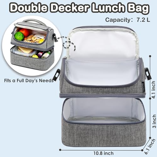 FlowFly Double Decker Cooler Insulated Lunch Bag Large Tote for Boys, Girls, Men, Women, With Adjustable Strap (Grey)