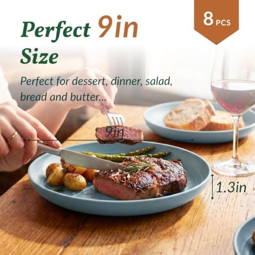 Homienly Wheat Straw Deep Plates 9 Inch Unbreakable & Lightweight Plastic Dinner Plates Alternative for Dessert, Sandwich 8 PCS Microwave & Dishwasher Safe Reusable Plate for Camping, RV-Light Blue