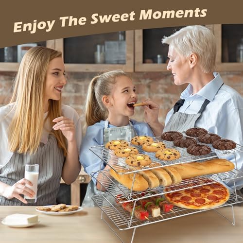 Pleafind 3 Pieces Stackable Cooling Rack - 16 x 10 Inch Wire Rack, 0.43" Dense-Grid Cooling Racks for Cooking, Baking, Roasting, Grilling, Oven and Dishwasher Safe, Silver