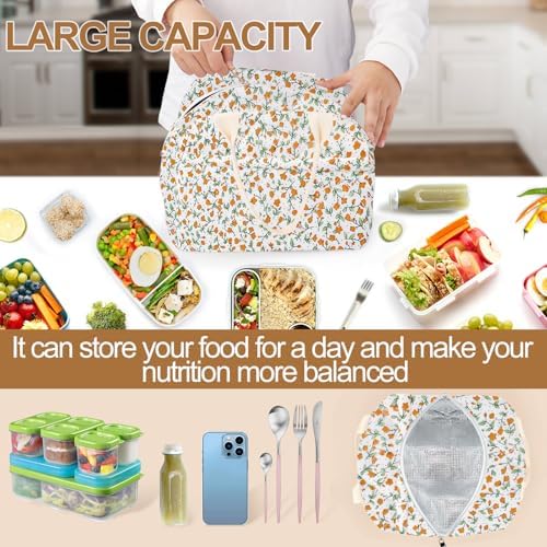 Cotton Quilted Insulated Lunch Bag, Reusable Quilted Floral Lunch Tote Bags