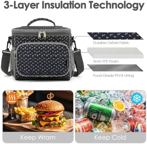 FlowFly Insulated Reusable Lunch Bag Adult Large Lunch Box for Women and Men with Adjustable Shoulder Strap,Front Zipper Pocket and Dual Large Mesh Side Pockets,Alphabet