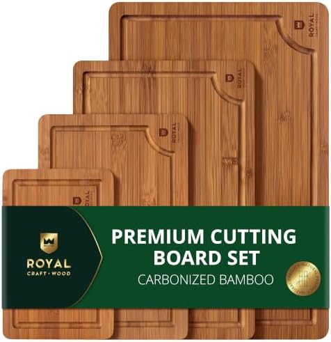 ROYAL CRAFT WOOD Wooden Cutting Boards for Kitchen Meal Prep & Serving - Bamboo Non Toxic Cutting Board Set with Deep Juice Groove Side Handles - Charcuterie & Chopping Butcher Block for Meat (4 Pcs)