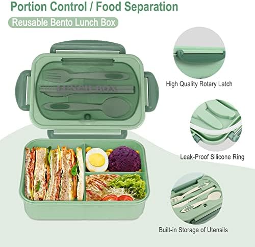 Bento Box for Adult, 1200 ML Lunch Containers for Adults, LeakProof Lunch Box with Utensils, BPA Free, 3 Compartment Bento Box Microwave Safe, Green