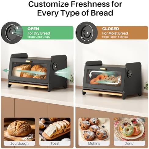 SNTD Bread Box for Kitchen Countertop, Bamboo Cutting Board, 1 Tier, Black
