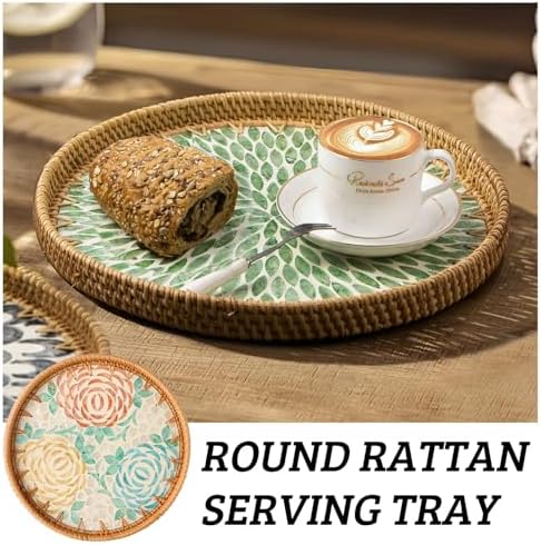 Round Rattan Tray with Mother of Pearl Inlay, Wooden Base